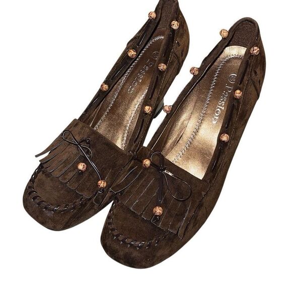 Passion Womens Suede Leather Beaded Wedge Heel Slip-on Moccasin Brown Sz 10 NWOT - Picture 1 of 8